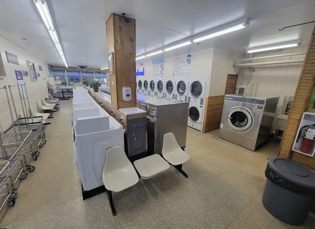 Top-load washers with seating, laundry carts and a stainless front-loader